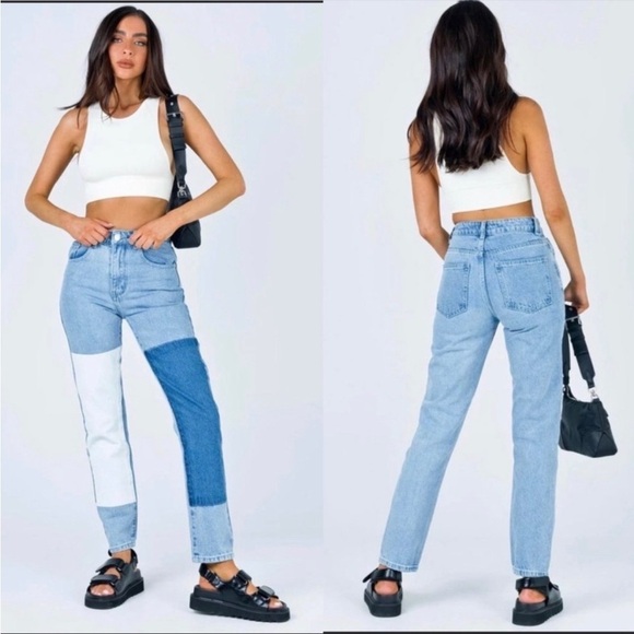 Princess Polly Cofield Patch Denim Mom Jeans High Waisted Size 4 - Picture 1 of 8